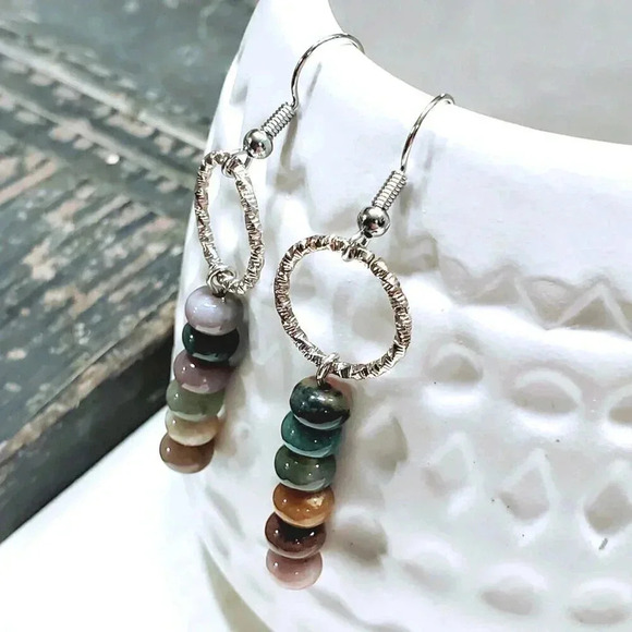 Indian Agate Gemstone Rondelle Beads Textured Silver Ring Handcrafted Earrings - Picture 7 of 11
